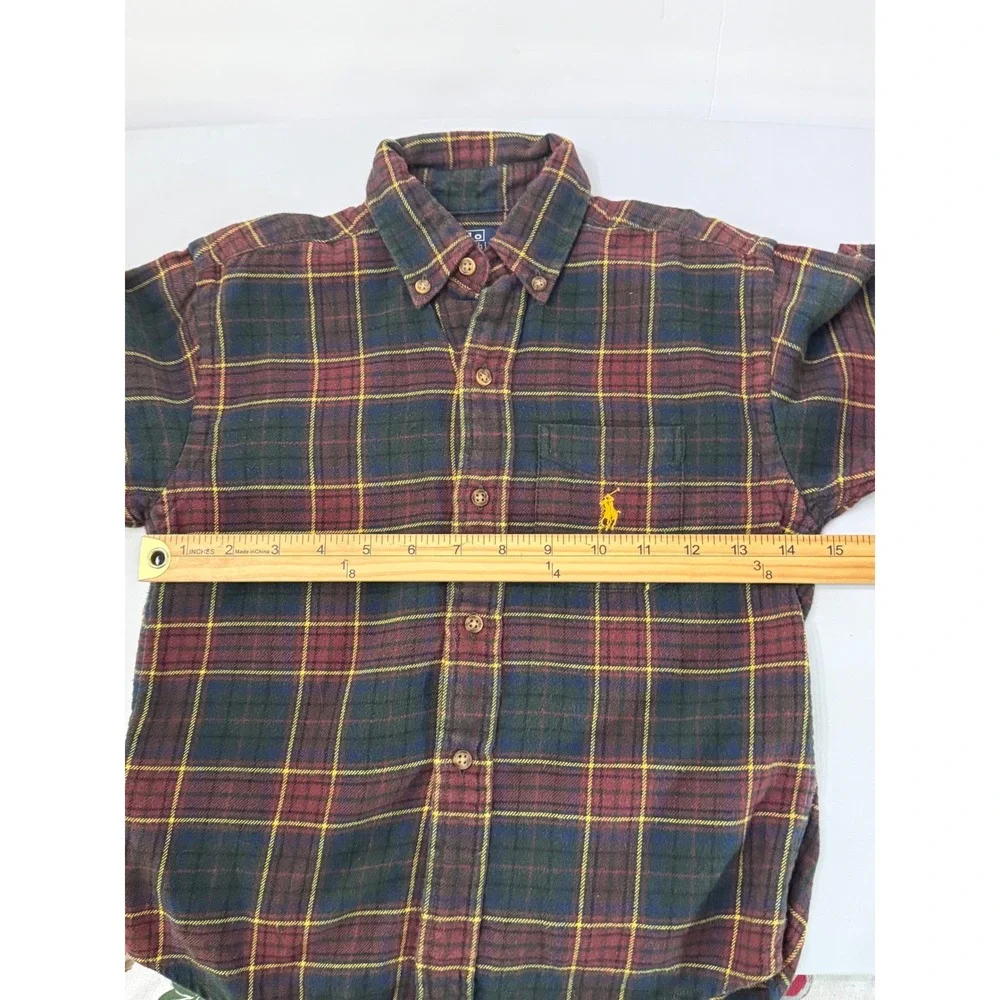 Ralph Lauren Boys SZ 6 Preppy Plaid Flannel Burgundy Blue Green Yellow Pony Logo